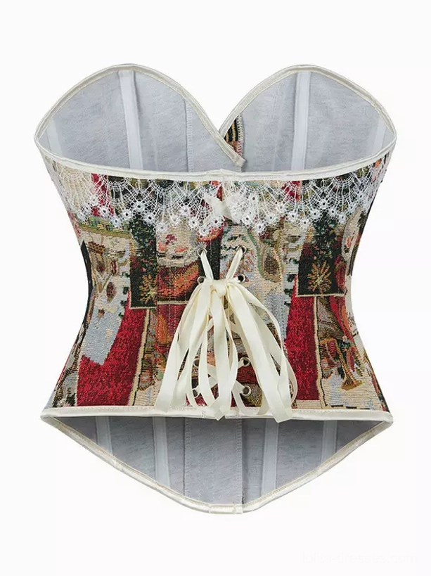 Vintage Christmas print corset back view featuring cream ribbon lace-up closure, delicate lace trim at neckline, and light grey inner lining detail