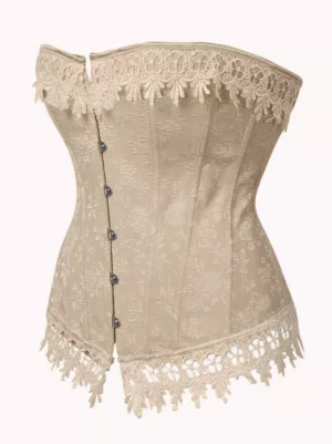 vintage corset flat lay beige jacquard fabric vertical boning structured waist lace embellishment details