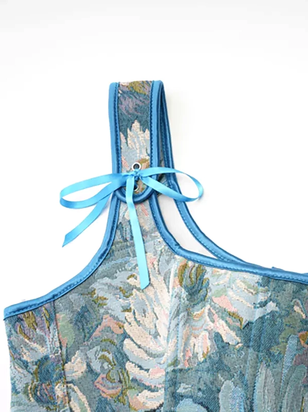 Vintage corset top with ribbon embellishments and artistic floral pattern lolita inspired
