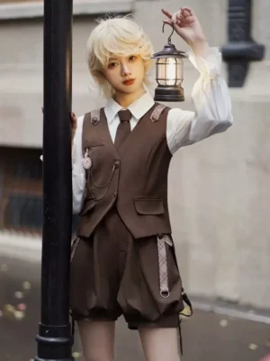 Vintage detective ouji lolita three-piece set brown suspender suit front view with ruffled white blouse and tailored vest