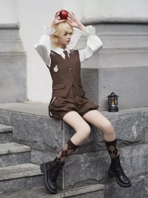 Detective ouji lolita outfit worn on stone stairs with argyle socks and black martin boots casual seated pose