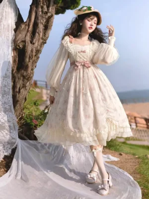 Vintage floral sweet lolita dress square neck puff sleeves pink bow full-body front view model wearing outdoor garden setting