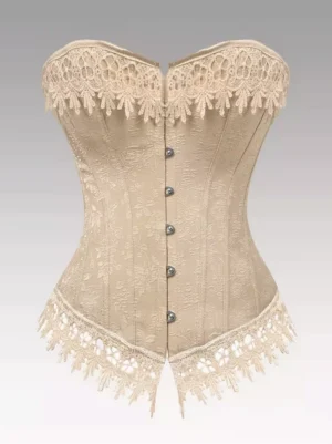 vintage jacquard lace corset strapless front view beige lace trim button closure lolita victorian style