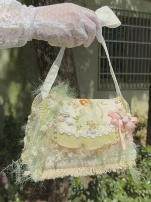 Vintage oil painting lady portrait lolita crossbody bag pastel green off-white feather trim pink bow fringe close-up outdoor