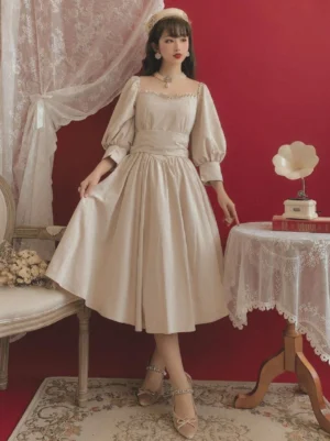 Vintage classic lolita one-piece swing dress ecru full front view cinched waist bow three-quarter sleeves midi skirt