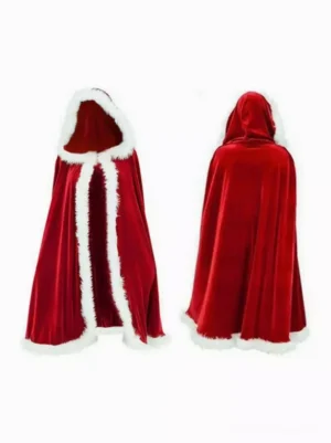 women's vintage Christmas red velvet hooded cloak with white ruffled trim front and back view polyester cape lolita style