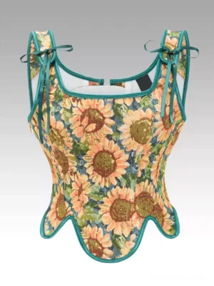 Vintage sunflower floral corset tube top with teal trim and shoulder tie bows front flat lay