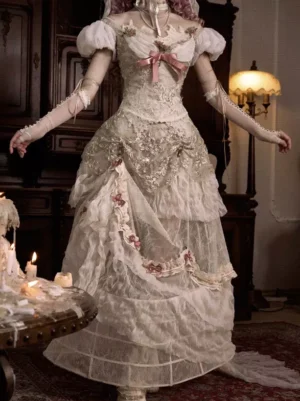 Vintage victorian lolita wedding dress full front view with ivory lace puff sleeves pink chest bow and floral embroidery details