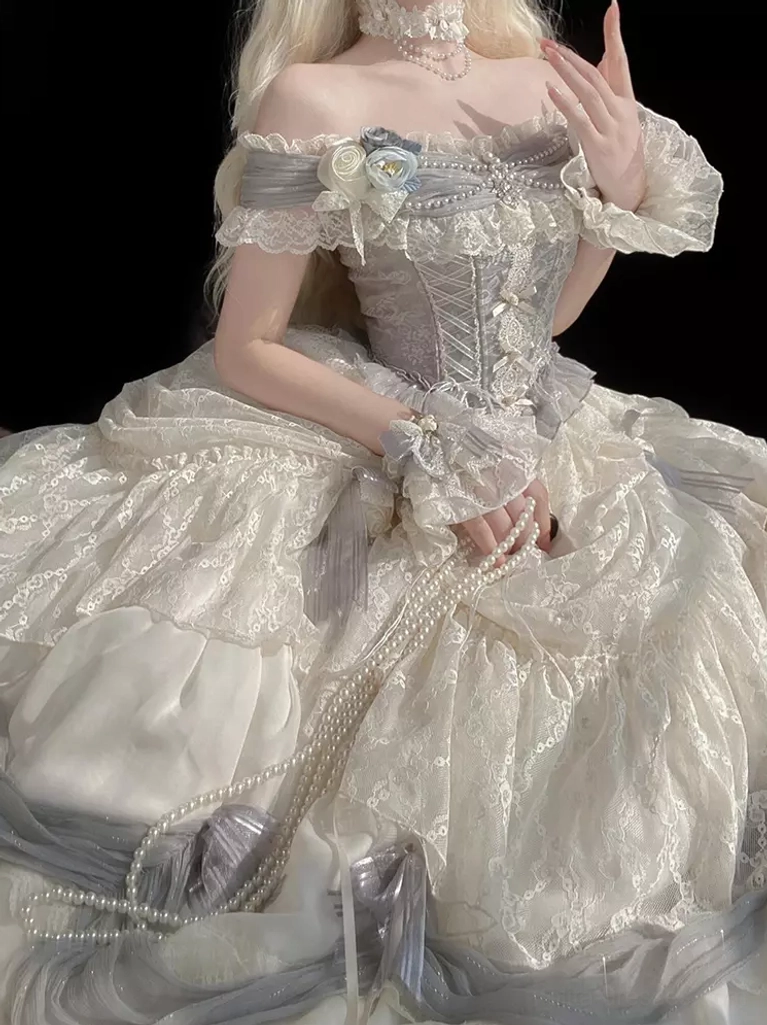 romantic white off-shoulder lace ruffles floral pearl accents lace-up corset waist classic sweet lolita ball gown