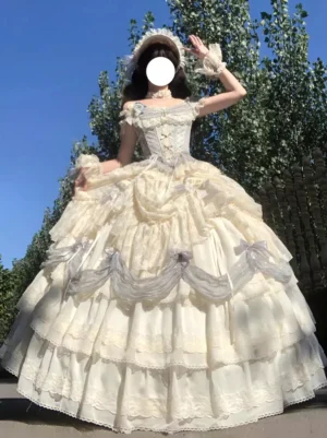 vintage white lace-up off-shoulder princess ball gown classic sweet lolita wedding dress full front view outdoor setting
