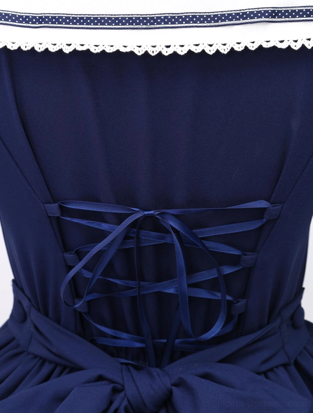 Waist design close-up, cross-lace-up corset waist with large waist bow decoration on navy fabric