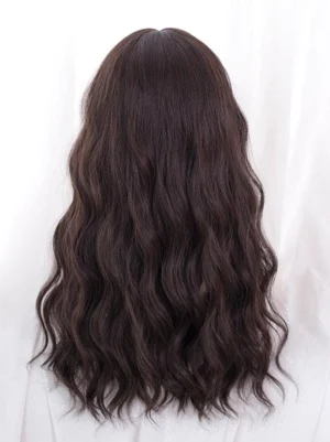 Long wavy synthetic Lolita wig back view overhead shot, showing full water wave curls, uniform hair length, breathable lace base construction, dark brown color