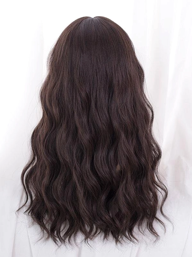 Long wavy synthetic Lolita wig back view overhead shot, showing full water wave curls, uniform hair length, breathable lace base construction, dark brown color