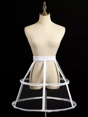 2-hoop white lolita cage crinoline petticoat underskirt front view on dress form with dark studio backdrop displaying elastic waistband and open cage frame structure