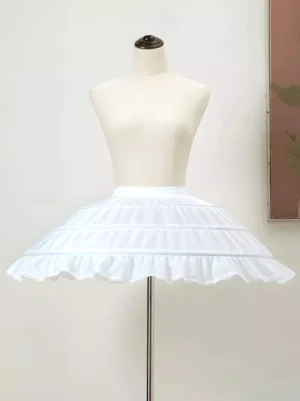 White 3-hoop lolita petticoat crinoline underskirt full front view on dress form mannequin displaying tiered hoop structure and ruffled lace hem