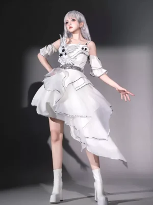 White angel lolita JSK dress side profile full-body shot featuring off-shoulder cuffs silver waist belt asymmetrical hem and star decorations on dark background