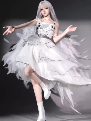 White angel wing gothic lolita JSK dress front three-quarter view with silver-haired model wearing spaghetti straps and feathered ruffled train skirt in dark studio setting
