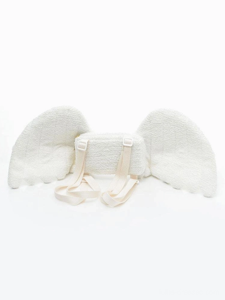 Angel wing lolita backpack back view showing plain central strap with attached adjustable shoulder straps on white background