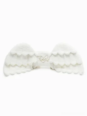 White angel wing lolita backpack front view with embroidered heart detail and layered fluffy wings on solid white background