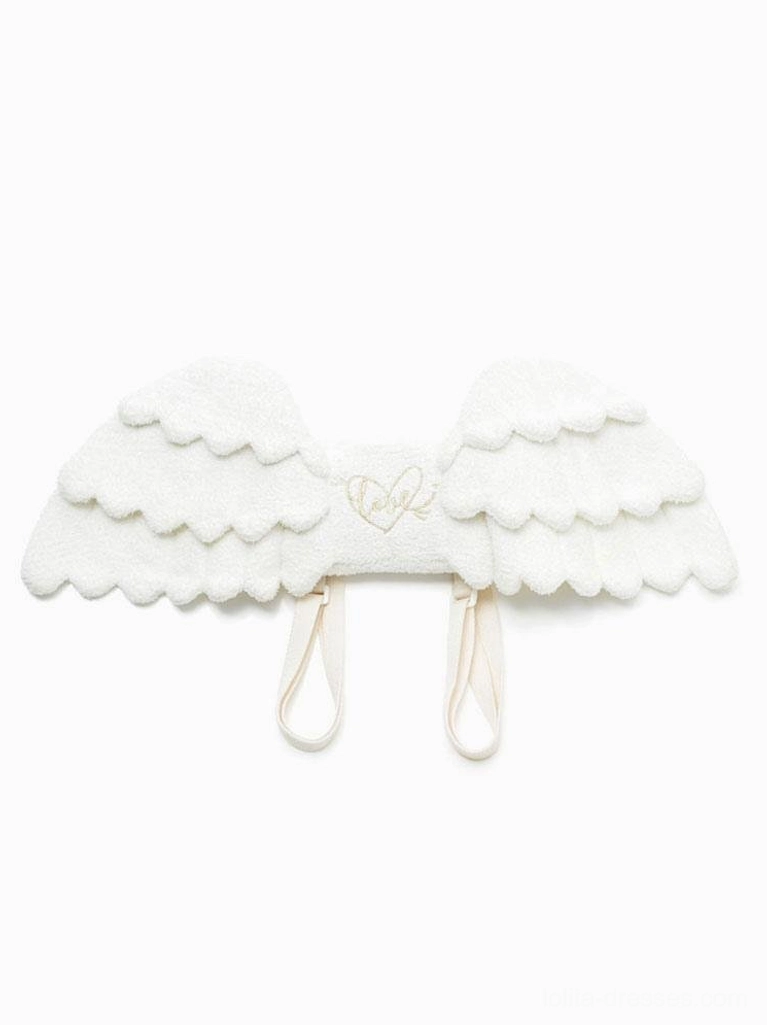 White angel wing lolita backpack front view highlighting scalloped layered wing edges heart embroidery and hanging shoulder straps