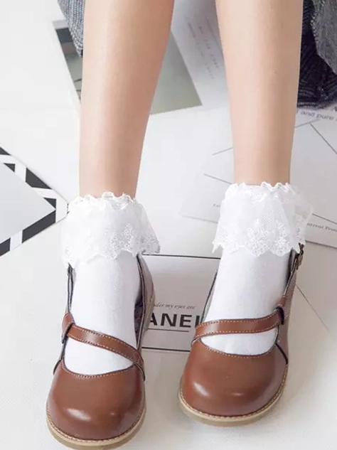 White ankle socks with delicate small lace ruffle cuffs worn with brown Mary Jane lolita shoes, front view showing authentic lolita coordinate styling