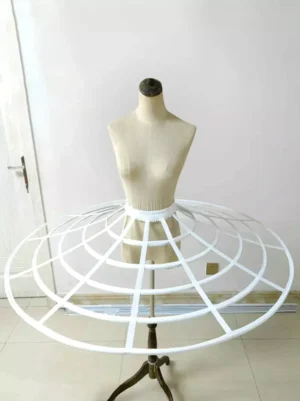 White ballet cage petticoat with 5 steel hoops front view on dress form showing multi-layer concentric grid frame structure and elastic waistband perfect for lolita fashion