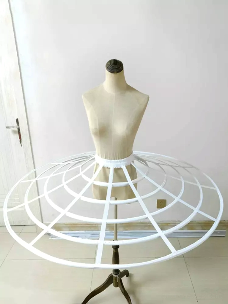 White ballet cage petticoat with 5 steel hoops front view on dress form showing multi-layer concentric grid frame structure and elastic waistband perfect for lolita fashion