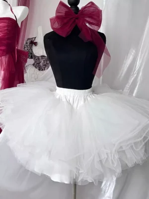 white ballet lolita petticoat front flat lay view multi-layered tulle underskirt with elastic waistband fluffy short silhouette