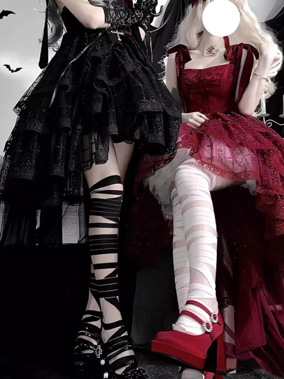 White bandage wrap texture on gothic lolita socks showing dimensional layered sheer design and construction details