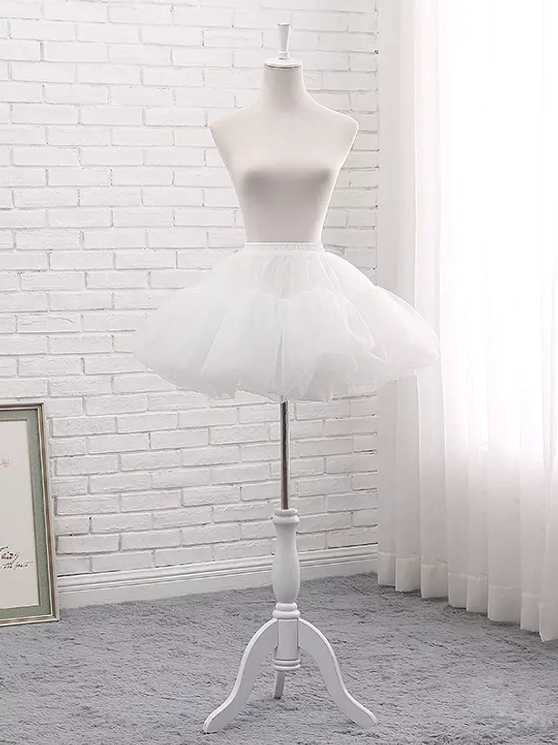 White soft tulle lolita petticoat with two-tier ruffles displayed on dress form showcasing sweet lolita silhouette