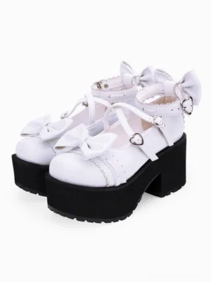 White sweet lolita platform pumps with bow decorations and heart-shaped buckles, front oblique view showcasing multiple bow embellishments and chunky block heel