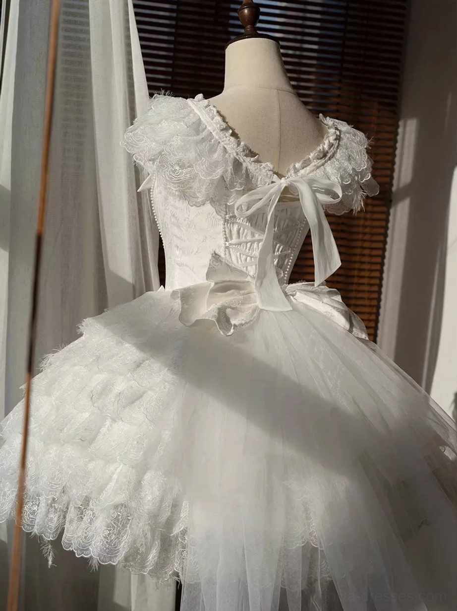 White Fairy Lolita Bridal Dress Back View Showing Ribbon Bow and Corset Back Design with Ruffled Shoulders