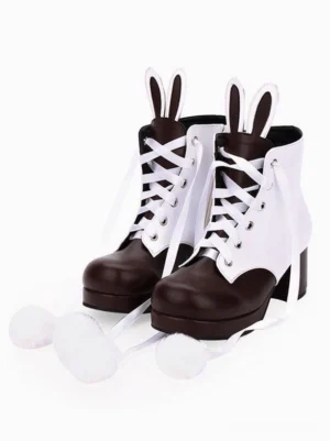 White and brown two-tone Lolita bunny ear boots with chunky platform heel, pom-pom accents, lace-up design, and rabbit ear decorations front three-quarter view