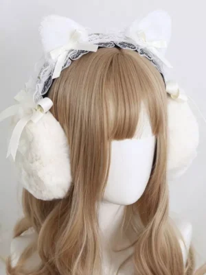 white plush cat ear earmuff lolita headdress front three-quarter view with lace trim and satin bows on mannequin