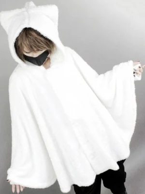 white cat-ear hooded plush lolita poncho cape coat with fluffy fleece velvet texture and bat sleeves front view