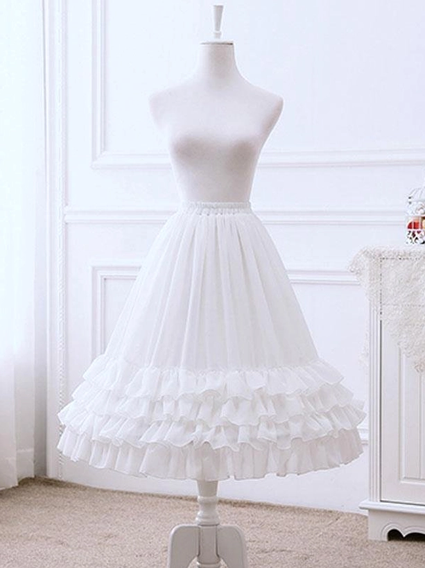 White lolita petticoat with multi-layered ruffle hem front full view vintage room elegant silhouette