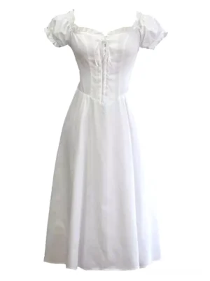 White Classic Lolita OP dress with puff sleeves and front lace-up closure, featuring square ruffle neckline and A-line midi skirt silhouette perfect for tea party meets