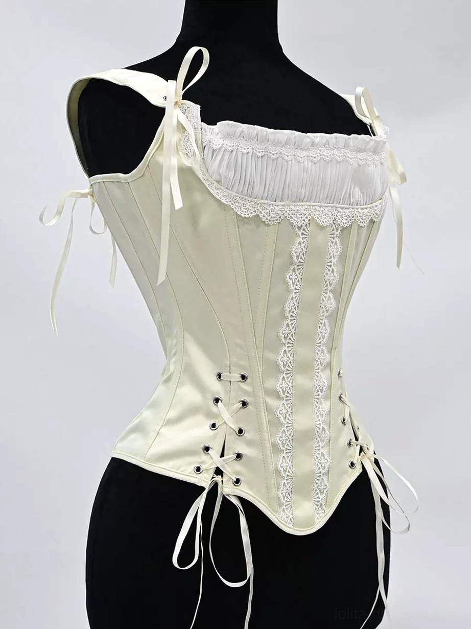 Satin corset bustier back closure detail featuring crisscross lace-up design with authentic metal eyelet trims, Victorian-inspired corset construction element