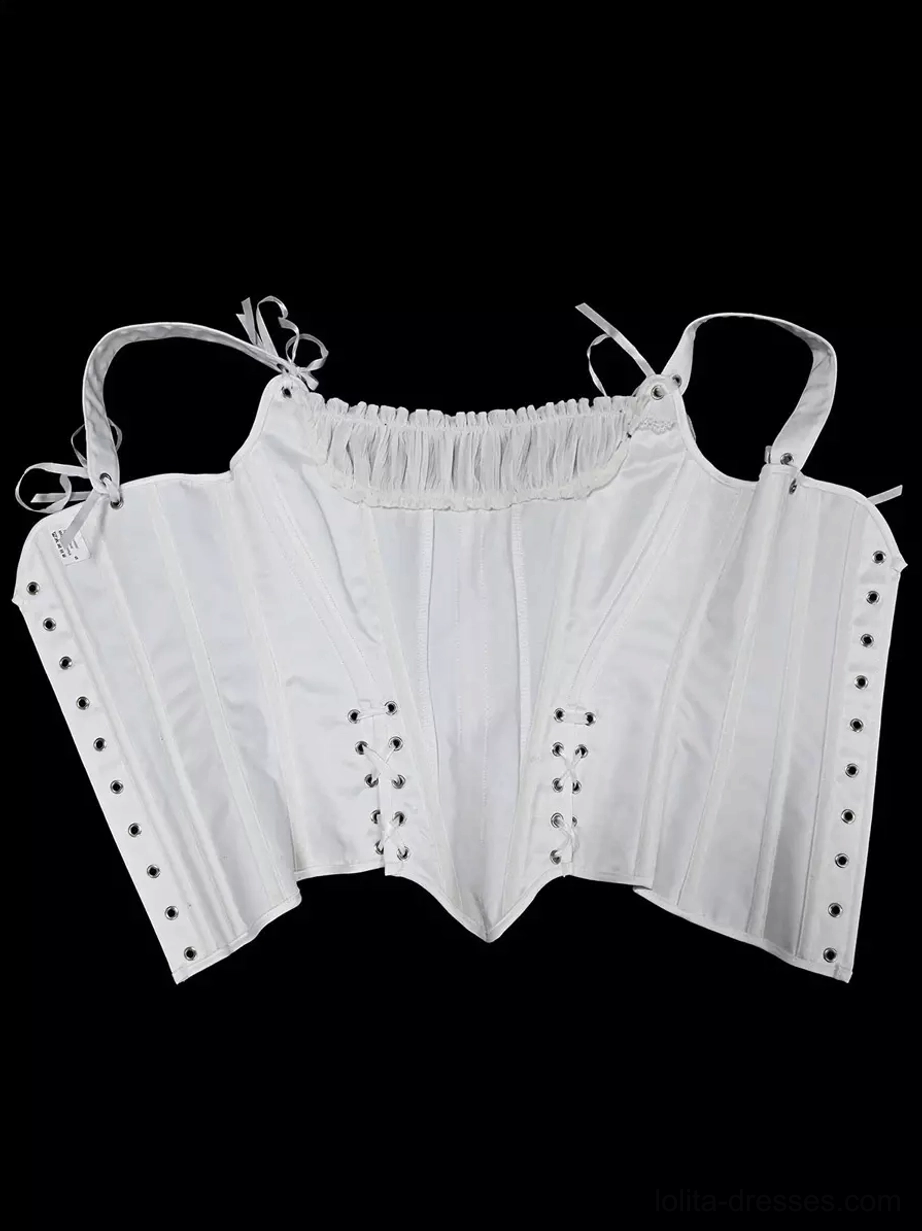 Satin corset bustier back underside flat lay view displaying visible side eyelet holes, ruched neckline construction, adjustable tie shoulder straps, and back lacing detail