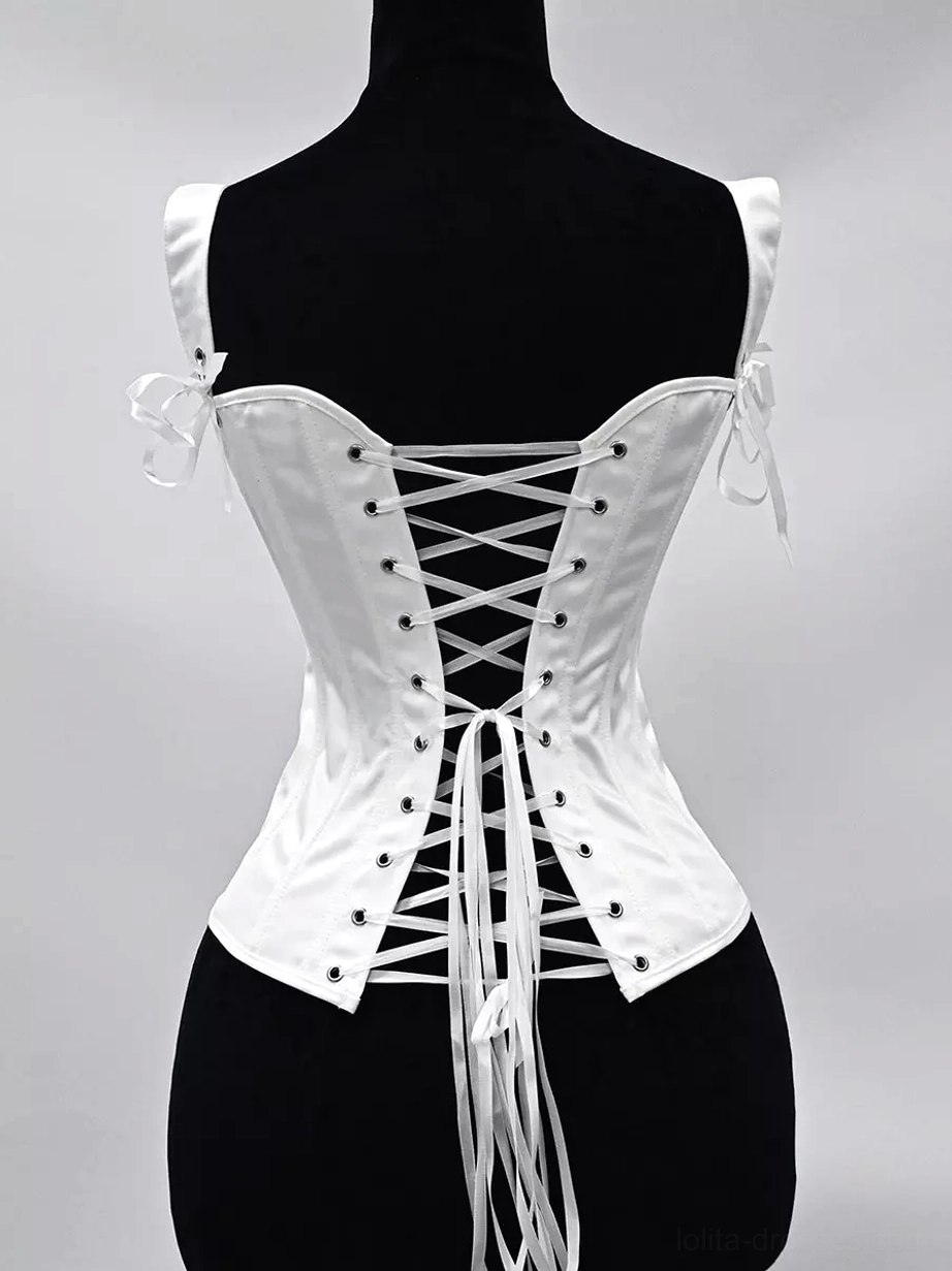 Satin corset bustier back view revealing crisscross lace-up back closure with metal eyelet trims, side tie straps, and structured boning detail authentic corset construction