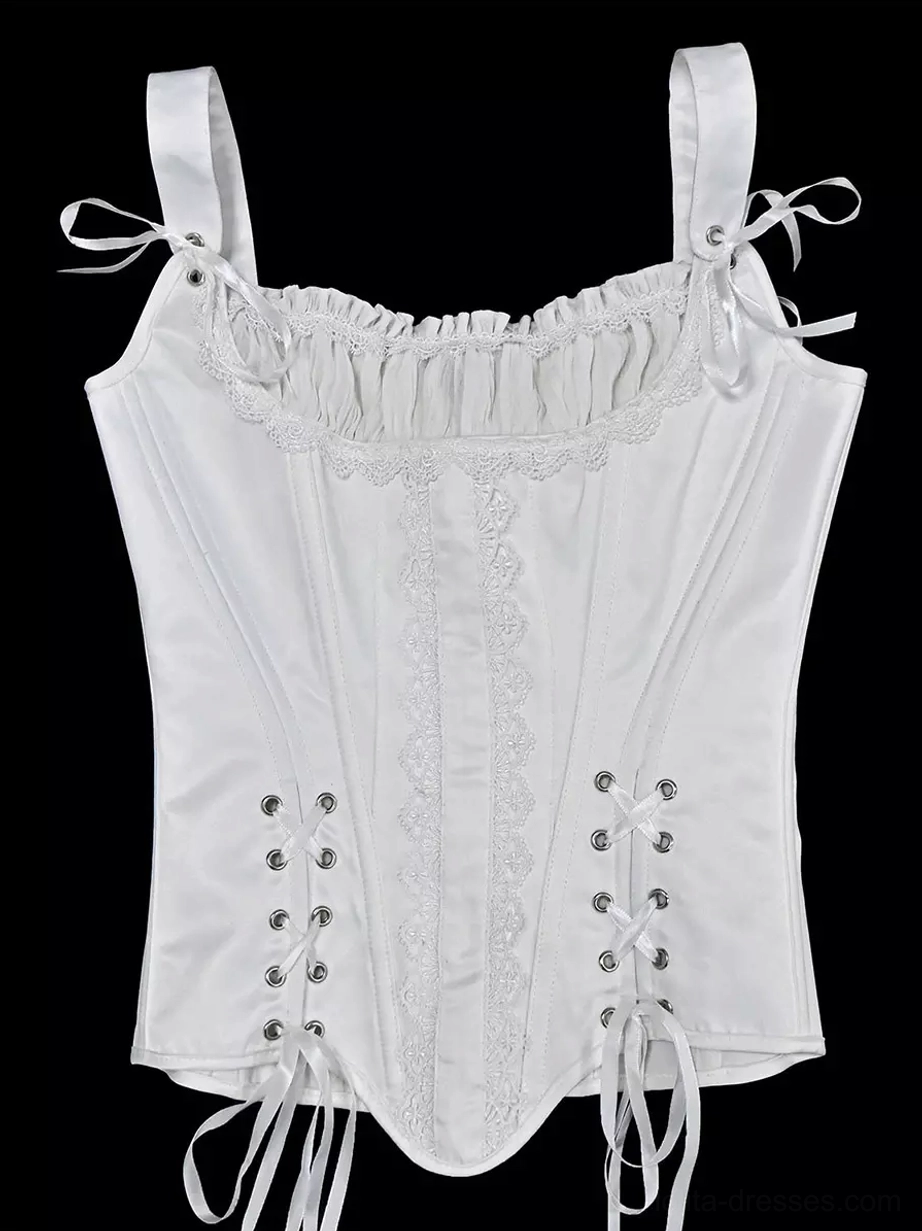 Satin corset bustier front flat lay perspective with ruched square neckline, delicate lace front panel, dual lace-up closures, and adjustable tie shoulder straps detail