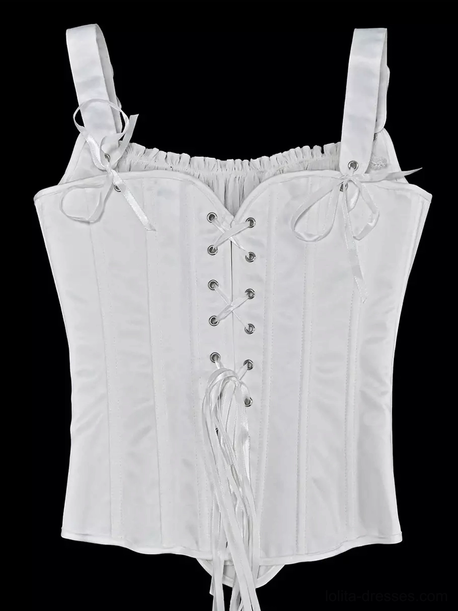 Satin corset bustier flat lay front view on black background showing sweetheart square ruched neckline, dual tie straps, front lace-up eyelets, and lace trim details