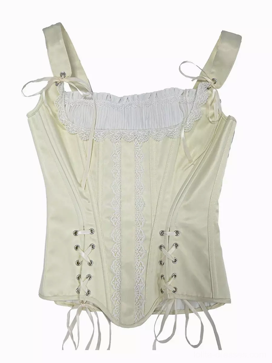 Satin corset bustier lace trim and embellishment detail at front panels and neckline showing delicate lace overlay, ruching, and refined finishing touches
