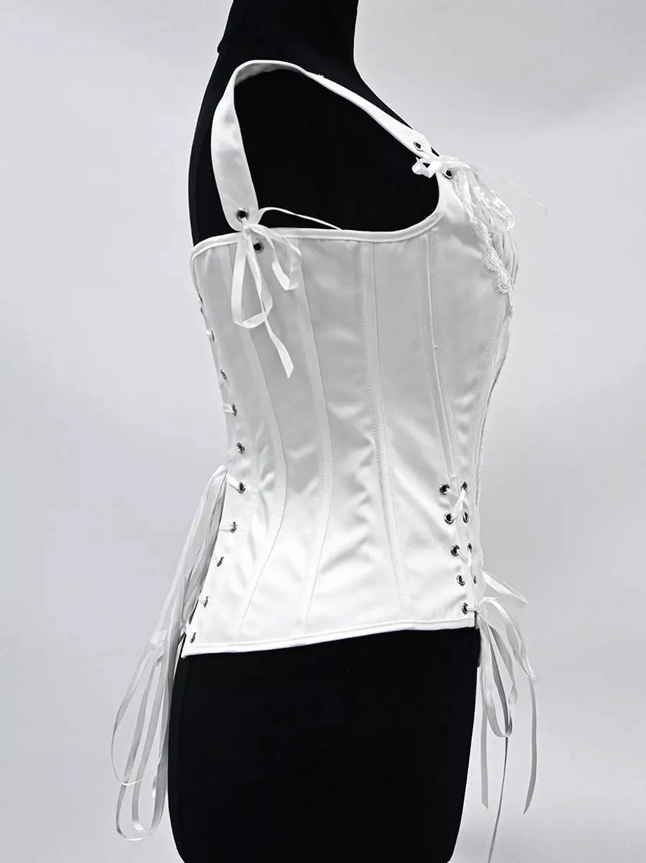 Satin lace-up corset bustier left side profile view showing structured boned silhouette, single tie shoulder strap, and side lace-up fasteners with metal eyelets