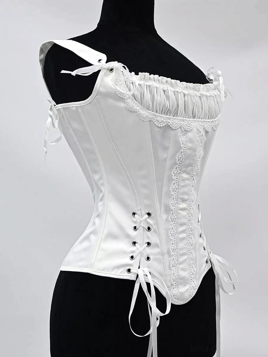 Satin corset bustier left three-quarter front angle showing single adjustable tie shoulder strap, ruched lace-trimmed neckline, and front lace-up closure detail