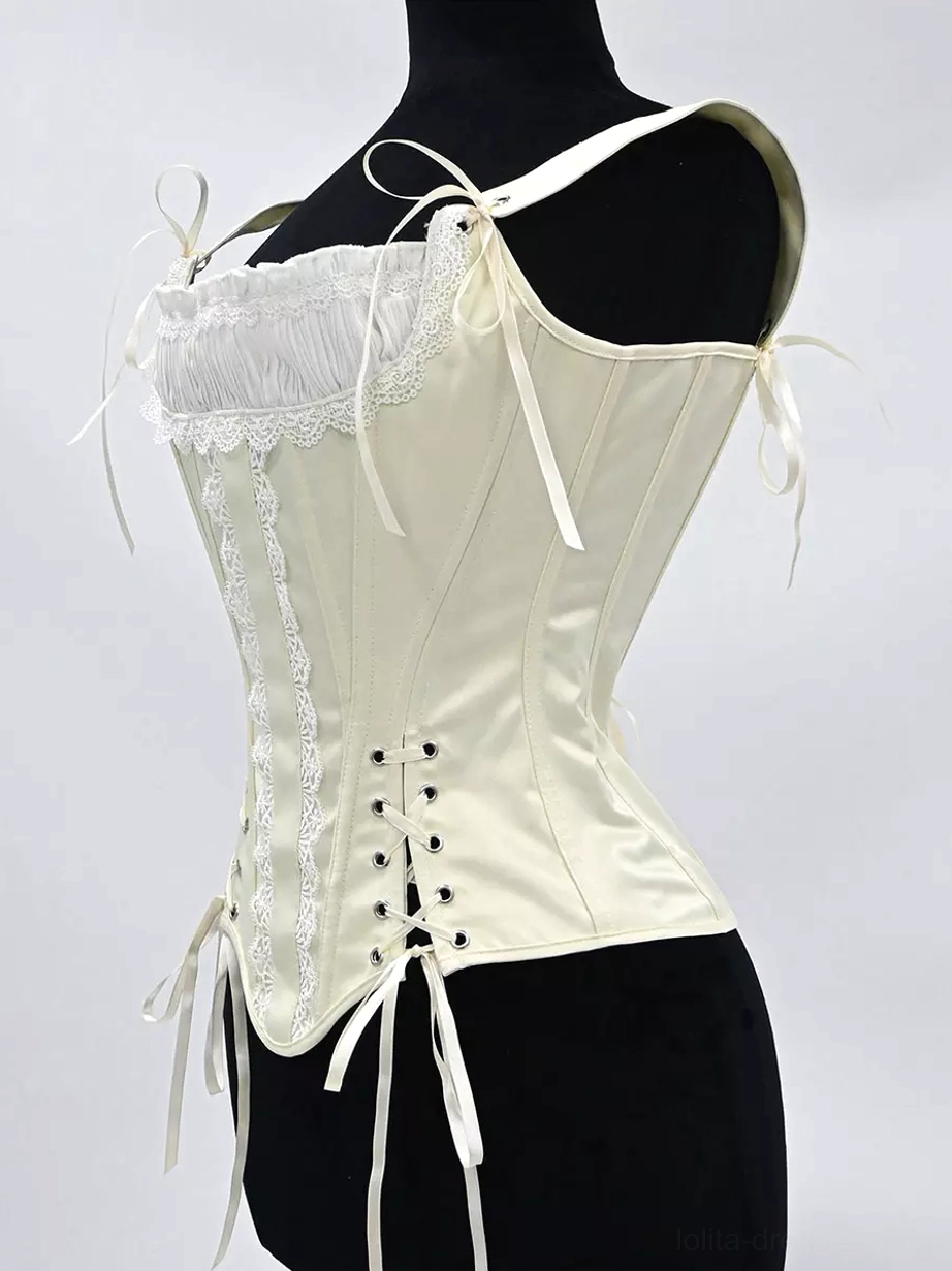 Satin corset bustier neckline and upper chest detail showing sweetheart ruched design, delicate lace trim border, adjustable tie spaghetti straps connections