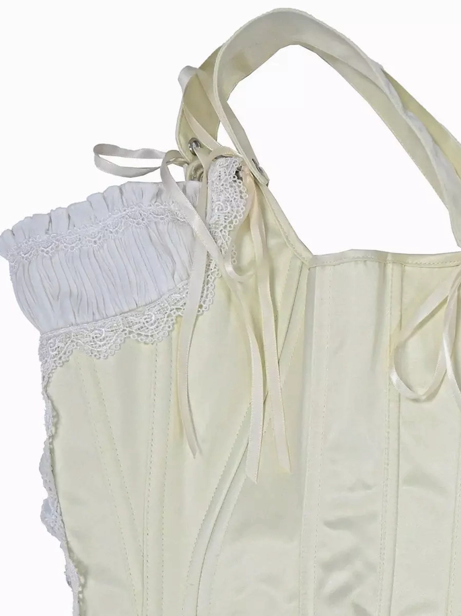Satin corset bustier polyester fabric quality and lustrous finish detail showing premium sheen, smooth texture, and color vibrancy of white satin material
