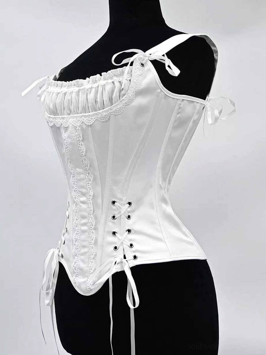 Satin corset bustier right three-quarter front perspective displaying tie shoulder strap, ruched neckline with lace trim, and structured front lacing detail