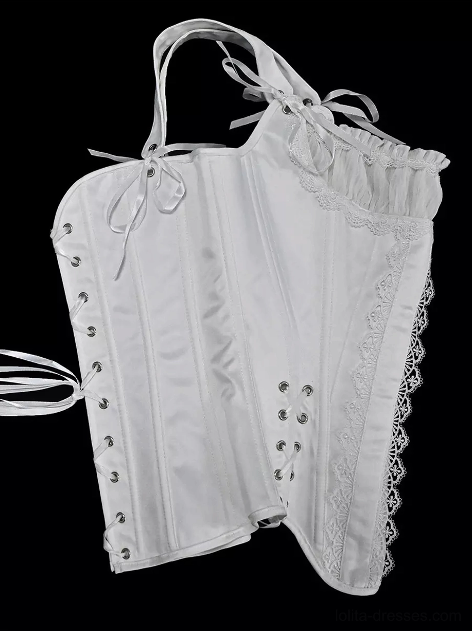 Satin corset bustier side flat lay view showcasing side metal eyelets, structured satin fabric with boning, side lace trim detail, and tie shoulder straps construction