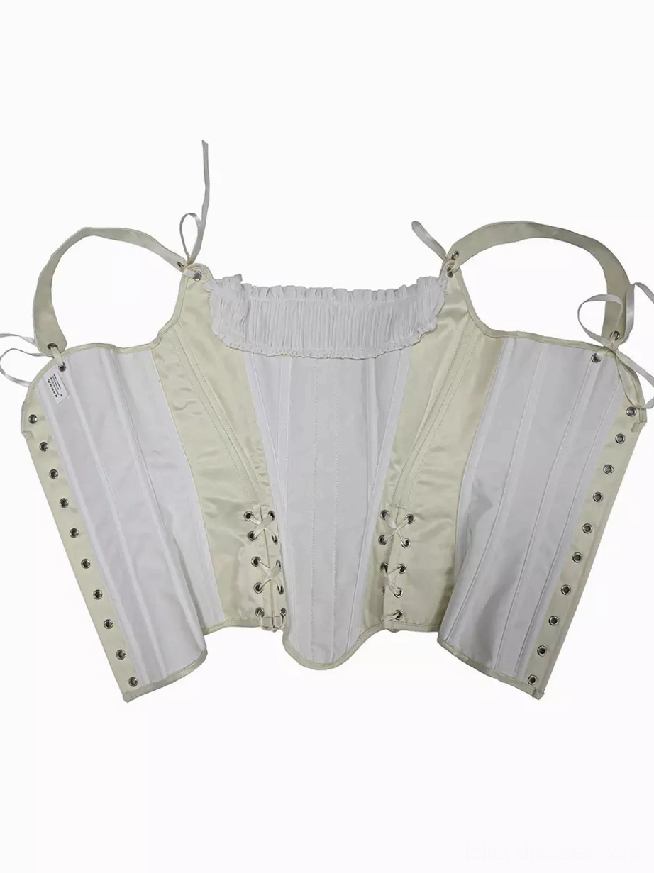 Satin corset bustier side panel and lace-up closure detail revealing structural design, metal eyelet placement, and side fastening system construction detail